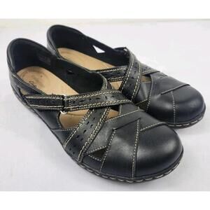 Clarks Collection Womens 11 M Black Leather Strap Up Comfort Flats Shoes